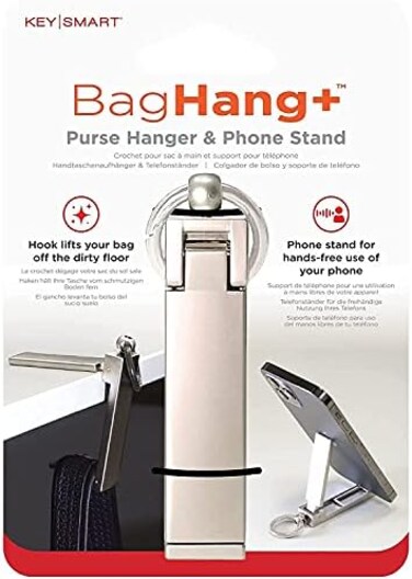 KeySmart BagHang Plus - 2-in-1 Purse Hook for TablePhone Stand - Bag Holder and Hanger for Table Tops - Keychain Purse Hanger for Desk - Easy to Clip and Strong Grip Carabiner - Stainless Steel.