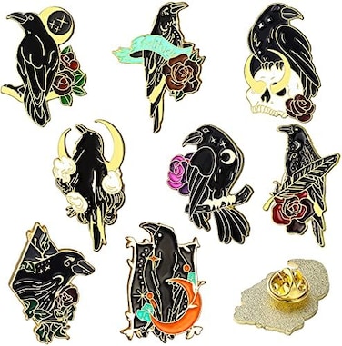 Juinte 8 Pieces Black Crow Enamel Pins Set Art Rose Moon Lapel Pin Cute Aesthetic Badges for Children Women Backpack Shirt Denim Bag Jewelry Accessories, Zinc, enamel pins.