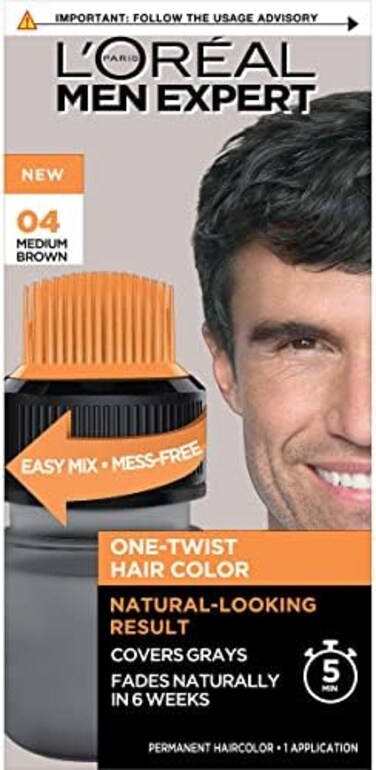 L&rsquo;Or&eacute;al Paris Men Expert One Twist Mess Free Permanent Hair Color, Mens Hair Dye to Cover Grays, Easy No Mix Ammonia Free Application, Medium Brown 04, 1 Application.