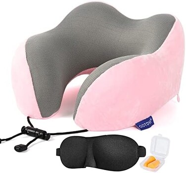 GOTDYA Travel Pillow,Travel Neck Pillows for Sleeping,100% Pure Memory Foam Soft ComfortSupport Pillow for Airplane/Car/OfficeHome Rest Use-Pink.