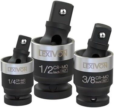 LEXIVON Impact Universal Joint - Patented SLIM Design3-Piece 1/2", 3/8", and 1/4" Socket Swivel SetChrome-Molybdenum Steel Full Impact Grade (LX-113-S.
