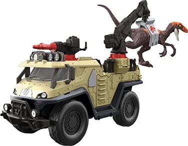 Mattel Jurassic World Dominion Capture and Crush Truck with Velociraptor Dinosaur Figure, Toy Vehicle with Tranquilizer, Crane and 2 Breakaways, Gift with Physical and Digital Play.
