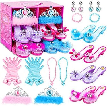 DISHIO Girls Princess Dress Up Shoes and Jewelry Boutique Upgraded Princess Shoes and Accessories with 4 Pair of Princess Play Shoes and Jewelry Set for Toddlers Little Girls Aged 3-6.