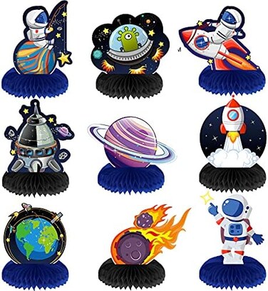 Marspark 9 Pcs Outer Space Themed Honeycomb Centerpiece Outer Space Decorations Birthday Party Table Toppers Double Sided Table Decorations Planet Rocket Astronaut Ufo Solar System Party Supplies.