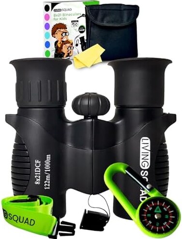 Living Squad Kids Binoculars 8x21 Black - Compact Real Binoculars for Kids Age 3-12, High-Resolution Optics for Bird Watching, Camping - Neck Strap, Compass, Carabiner, Case.