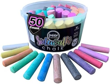 Loddie Doddie 50ct Bucket of Sidewalk Chalk- 8 Unique Colors- Long lasting Non-Toxic Jumbo Sticks- Reusable Bucket for hours of fun and creativity with easy clean up.