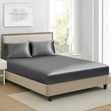 Lanest Housing Queen Silk Satin Fitted Sheet, Soft Deep Pocket Single Bottom Bed Sheets Sold Separately, Wrinkle Free, Non- Fading, Breathable, Fully Elasticized(Queen Size, Dark Grey.