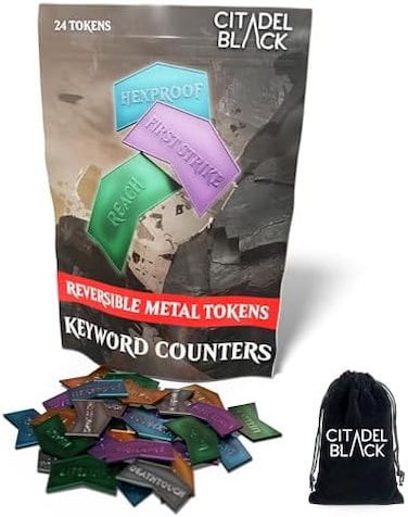 Citadel Black MTG Keyword Counters Set of 24 Metal Tokens - with Velvet Drawstring Pouch, Antique Metal Finish Tokens, Magic: The Gathering, New 2022 Update.