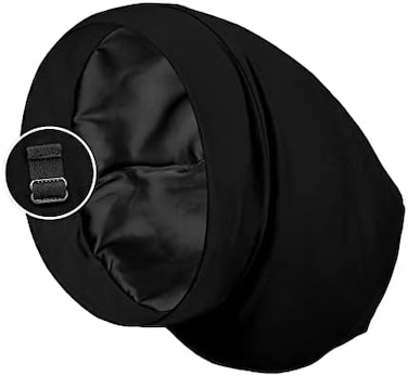PARISBELLA Satin Lined Sleep Cap Bonnet for Curly Hair and Braids, Stay On All Night Wrap with Adjustable Strap for Women and Men, Black, Pack of 1.