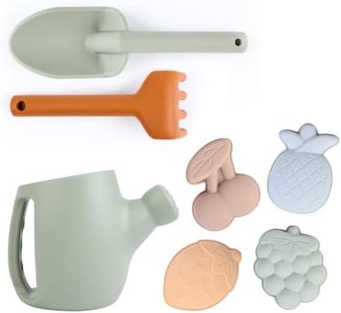 BLUE GINKGO Toddler Gardening Tools - Silicone Beach Toys, Garden Toys for ToddlersKids Shovel and Rake Set, Watering Can, Sand MoldsOutdoor Baby Gardening Set (Green.