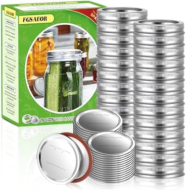 FGSAEOR Canning Lids and Rings (52 Count, 86mm WIDE Mouth Mason Jar Lids and Bands for Ball and Kerr Jars, Split-Type Metal Canning Jar Lids with Silicone Seals for Canning.