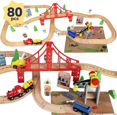 مجموعة قطار خشبي من TOY Life مكونة من 80 قطعة مع رافعة، متوافقة مع Thomas و Brio و MelissaDoug، مقياس HO، مناسبة للأطفال من عمر 3 سنوات، مجموعة قطار بناء مرحة، لون خشبي.