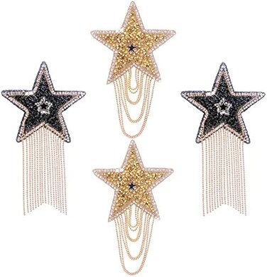 Ecedia Iron on Patches DIY Rhinestone Star Applique Repair Patch for Clothes Dress Pants Jeans Hats Bags Clothing Embellishment (2 Black Stars2 Gold Stars.