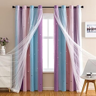 XiDi Rainbow Bedroom Curtains for Kids Room Decor, Blackout Curtains for Unicorn Wall Decals, Purple Princess Curtains 63 Inches Long 34 Wide 1 Panel.