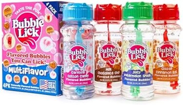 مجموعة متنوعة من BubbleLick (2.5 أونصة سائلة، عبوة من 4 قطع، فقاعات صالحة للأكل للأطفال والكلاب - بنكهة طبيعية ممتازة، رائعة للآلات والألعاب ومحلول الفقاعات القابل لإعادة التعبئة).