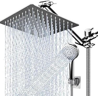 PinWin Modern 12" Large Square Rain Showerhead with 5 Modes Handheld Showerhead Combo, Adjustable Arm, Easy Tool-Free Installation.