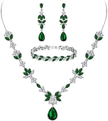 BriLove Wedding Jewelry for Bride Marquise CZ Flower Leaf Filigree Necklace Earrings Set.