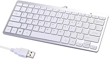 Powboro 2021 Upgraded PC Computer Laptop Mini USB Wired Keyboard for Mac and Windows 78 Scissor Keys Small Super Thin Compact Multimedia Keyboard (Silver.