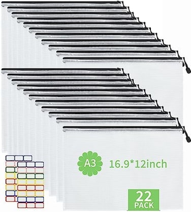 Vuzvuv 22Pcs A3 Size-16. 9"x 12" Large Mesh Zipper Pouch with Label Sticker, Plastic Document Mesh Bag for File Board Game School Office Home Travel Storage（43cm30cm.