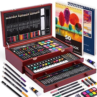 Color More 175 Piece Deluxe Art Set with 2 Drawing Pads, Acrylic Paints,Crayons,Colored Pencils,Paint Set in Wooden Case,Professional Art Kit,Art Supplies for Adults,Teens and Artist,Paint Supplies.