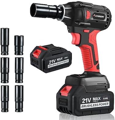 AOBEN 21V Cordless Impact Wrench Powerful Brushless Motor with 1/2" Square Driver, Max 300 Torque ft-lbs (400N. m,2X 4. 0A Li-ion, 6Pcs Impact Sockets,Fast Charger and Tool Bag.