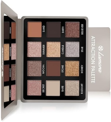 Lamora Nude Neutral Eyeshadow Palette - 12 Natural Highly Pigmented ShimmerMatte Shades - Travel Size Makeup Palette with Mirror.