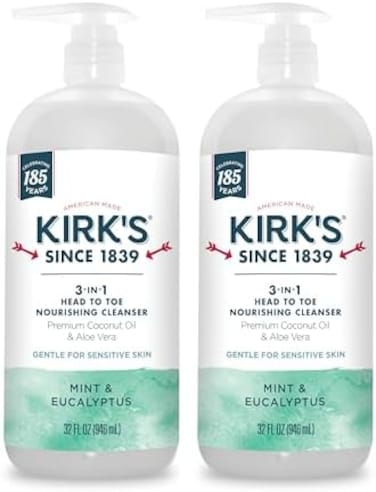 Kirk's 3-in-1 Liquid Soap Head-to-Toe Shampoo, Face SoapBody Wash for Men, WomenChildrenMintEucalyptus Scent32 Fl Oz. - 2 Pack.