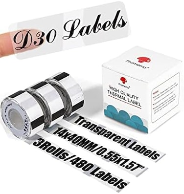 Memoking D30 Clear Label - D30 Transparent Thermal Label Tape 14mmx40mm(0. 55" x 1. 57"Compatible with Phomemo/ D30 Printer Adhesive Clear Label Paper, for Labeling Cosmetics, Storage, Stationary.