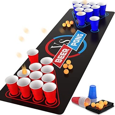 GOLDGE 63 x 23. 6 inches Beer Pong Table Mat, Drinking Games for Adults Party, 8pcs Beer Pong Balls, 30pcs Beer Pong Cups.