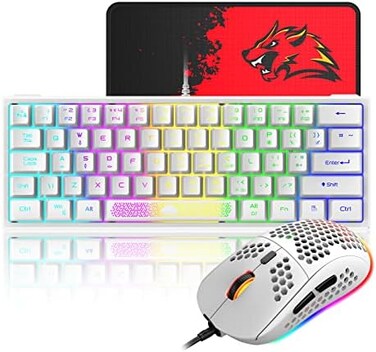 XINMENG 60% Gaming Keyboard and Mouse Combo Samll Mini RGB LED Backlight Mechanical Feeling and RGB 6400 DPI Honeycomb Optical Mouse,Gaming Mouse pad for Gamers and Typists.