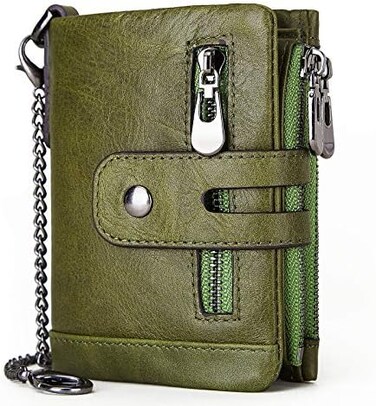 gzcz Men Wallets with Anti-Theft Chain Genuine Leather Purse RFID Blocking Bifold Wallet Minimalist Zipper Coin Pocket Coin Pocket, Green, Green, medium, Minimalist.