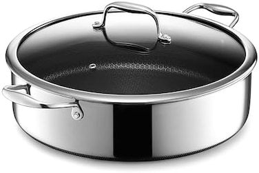 HexClad 7 Quart Saute Pan and Tempered Glass Lid, Hybrid Stainless Steel Cookware, Dishwasher and Oven Safe, Works with Induction, Gas, Ceramic, and Electric Cooktops.