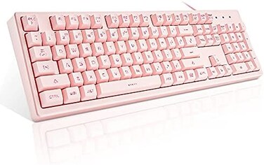 Basaltech Pink Keyboard with 7-Color LED Backlit, 104 Keys Quiet Silent Light Up Keyboard, 19-Key Anti-Ghosting Cheap Gaming Keyboard Mechanical Feeling Waterproof Wired USB for Computer, Mac, Laptop.