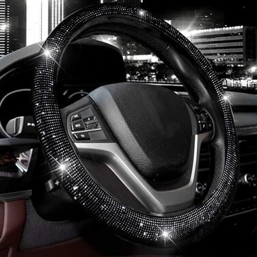 غطاء عجلة القيادة Valleycomfy للنساء 15 1/2 بوصة - 16 بوصة مرصع بالكريستال اللامع لسيارات F150 F250 F350 Ram 4Runner Tacoma Tundra Range Rover (أسود مع ماس أسود).