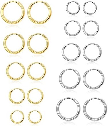 Senteria 10 Pairs 316L Surgical Stainless Steel Gold Hoop Earrings Set 14K Gold Plated Tiny Hoop Earrings Gold Small Hoop Earrings for Women Men Girls Nickel Free (10mm/12mm/14mm/16mm/18mm.