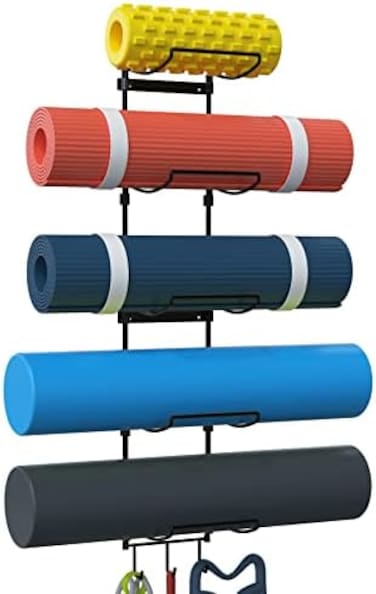 Kesito Yoga Mat Holder Wall Mount, Wall Rack Organizer, Storage Foam Roller and Block, with 5 Sectional and 3 Hooks for Hanging Yoga Strap, Resistance Bands at Fitness Class or Home Gym, Decor(Black.