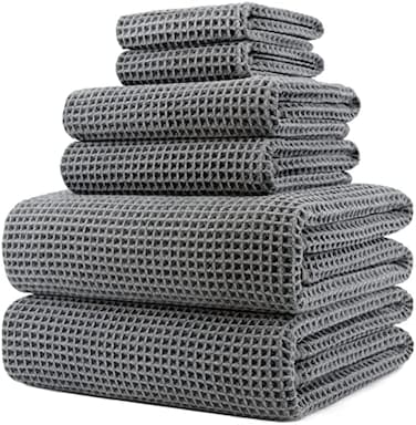 POLYTE Oversize, 60 x 30 in. , Quick Dry Lint Free Microfiber Bath Towel Set, 6 Piece (Gray, Waffle Weave.