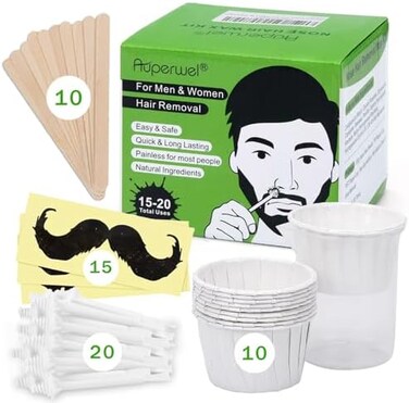 Auperwel Nose Wax Kit, 100g Nose Wax, 20 Applicators, Nostril Waxing Kit for Men and Women Painless Hair Removal with 15 Mustache Guards, and 10 Paper Cups, Nose Ear Wax Kit with 15-20 Uses.