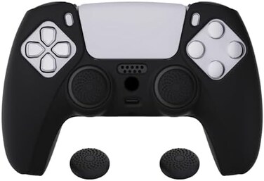 PlayVital Black Pure Series Anti-Slip Silicone Cover Skin for ps5 Controller, Soft Rubber Case for ps5 Wireless Controller with Black Thumb Grip Caps.