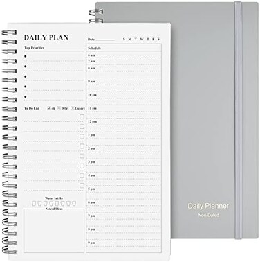 Asten Daily Planner Undated, To Do List Notebook Hourly Schedules Spiral Appointment Planner for Men and Women,PVC Hardcover,Elastic Closure, Inner Pocket 8. 3" x 5. 8" (Gray.