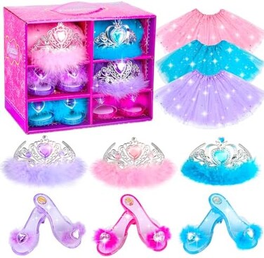 BIBUTY Princess Dress Up Shoes Princess Dresses for Girls, Dress Up Clothes Pretend Play Costumes-3 Sets of Princess Shoes, Dresses and Crowns, Princess Accessory Toys for 3-6 yr Girl Birthday Gifts.