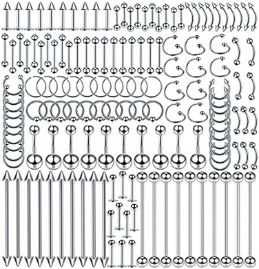 Oveta 150PCS Body Piercing Jewelry Lot 14G 16G 20G Stainless Steel Nose Lip Tongue Cartilage Tragus Eyebrow Industrial Barbell Belly Button Rings Piercing Kit Jewelry, Stainless Steel, stainless steel
