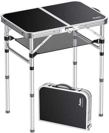 Anbte Folding Camping Table, Aluminum 60cm x 40cm Picnic Table with Storage Net 2ft Portable Tables Adjustable Waterproof Lightweight Foldable for Outdoor Indoor Garden Beach Backyard(3 heights.