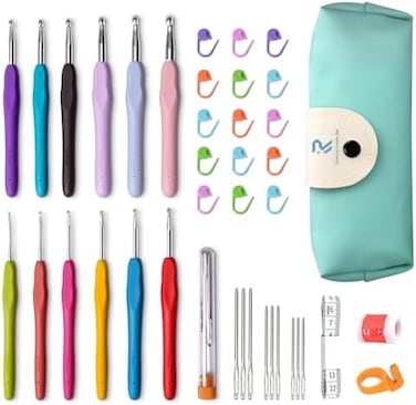 RealPlus Crochet Needles Set, 12 Pcs Crochet Hook Set with Ergonomic Soft Grip Rubber Handles, Crochet Kits for Adults Beginners, Sister Gift (2-Blue(12pcs.
