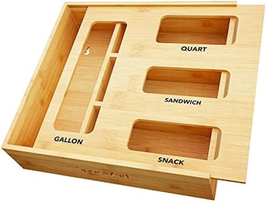 SpaceAid Bag Storage Organizer for Kitchen Drawer, Bamboo Organizer, Compatible with Gallon, Quart, Sandwich and Snack Variety Size Bag (1 Box 4 Slots.