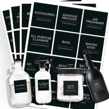 v2croft 144 PCS Minimalist Laundry Room Labels Set, Water Resistant Stickers,Water/Oil Resistant Stickers for Laundry Room, Linen Closet Home Bathroom and The Beauty Organization（Black.