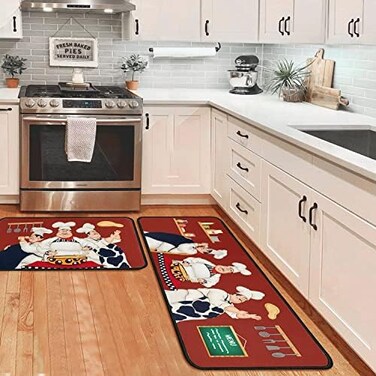 OUXIOAZ Chef Kitchen Rugs and Non Skid Washable Absorbent Microfiber Kitchen Mat for Floor, Kitchen Mat Set of 2 Red Kitchen Decor Stain Resistant 17"x47"17"x30".