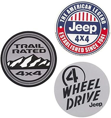 Jeep Logo Vinyl Stickers Wave, Trail Rated 4 x 4 and American Legend Logos 4" Round.