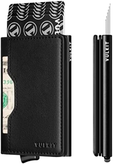 VULKIT Men's Wallet and Card Holder with Leather Slots Credit Card Holder Anti Hack Metal Pop Up Case.