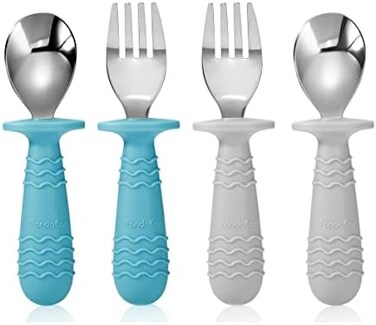 PandaEar 4 Set Baby Toddler Silicone Stainless Steel Utensils Silverware Spoon Fork for Baby Toddler BPA Free with Silicone Holding Anti-Choke Design (BlueGrey.